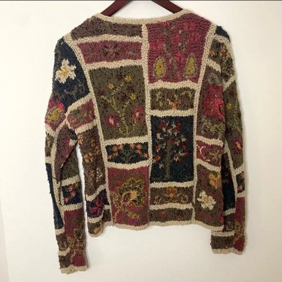 Vintage 90s Handmade Patchwork Jewelneck Button Down Cardigan in Maroon Silk - Picture 2 of 4